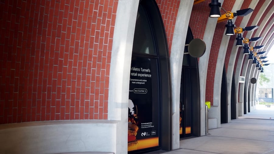 Detail of the archway structure that forms Arden railway station above ground.