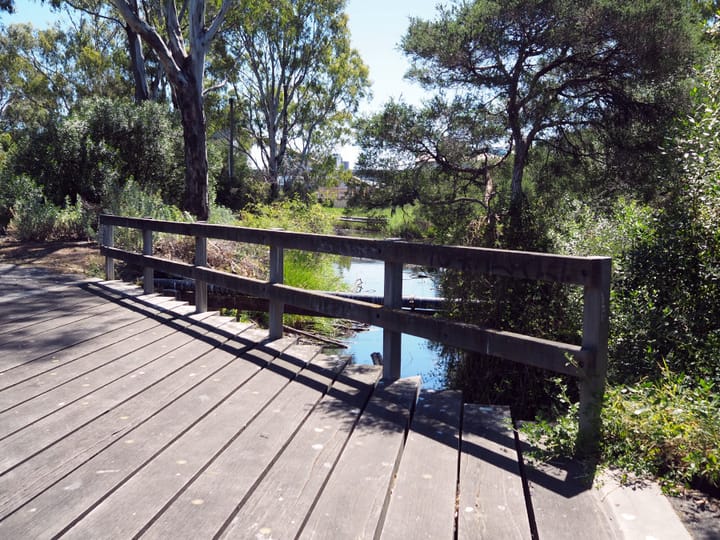 A wooden footbridge over a creek which is surrounded by bushland.
